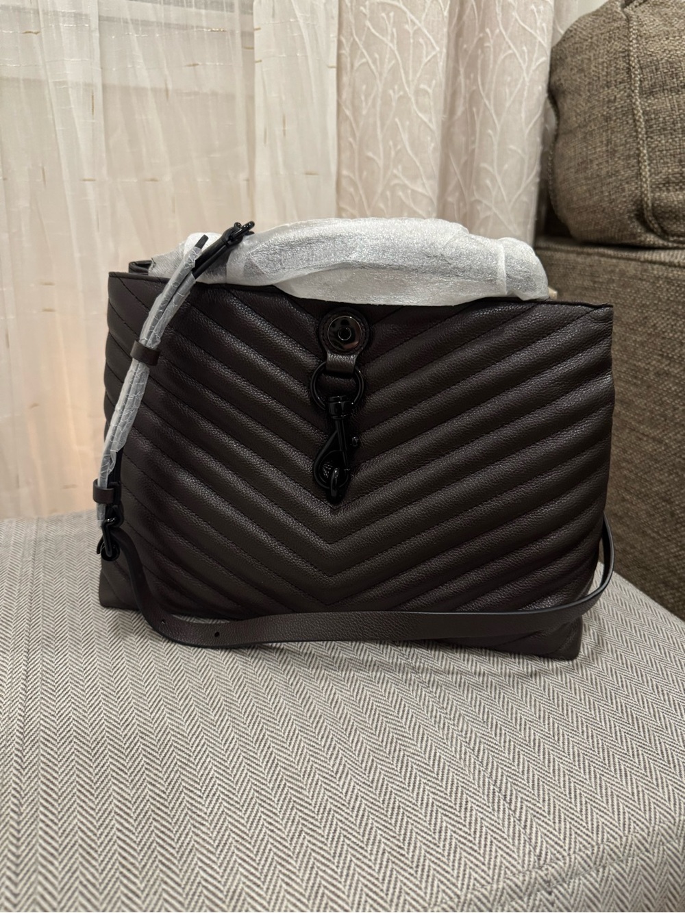 Rebecca Minkoff Edie Large Leather Quilted Chevron Crossbody Bag in Dark Brown